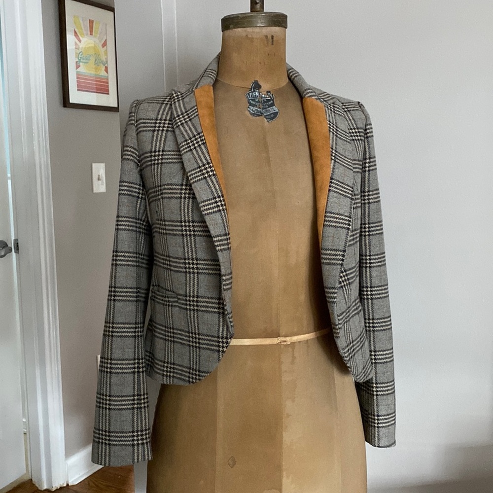 Y2K Plaid and suede wool blend blazer